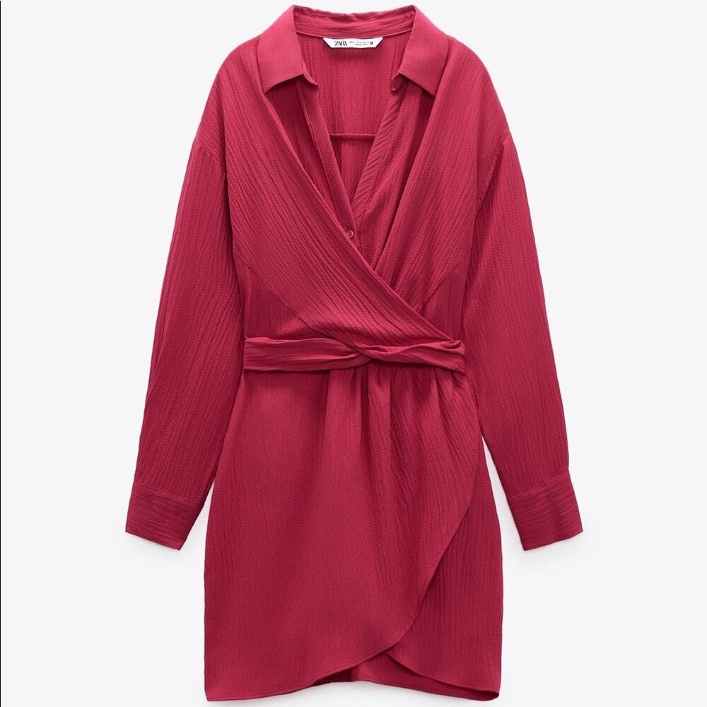 Zara Magenta Crinkle Wrap Tie-Waist Long Sleeve Mini Dress Size S